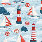 Nautical pattern with red and white lighthouses, sailboats, and ship wheels over light blue ocean waves.
