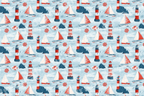 Nautical pattern with red and white lighthouses, sailboats, and ship wheels on a light blue wave background.