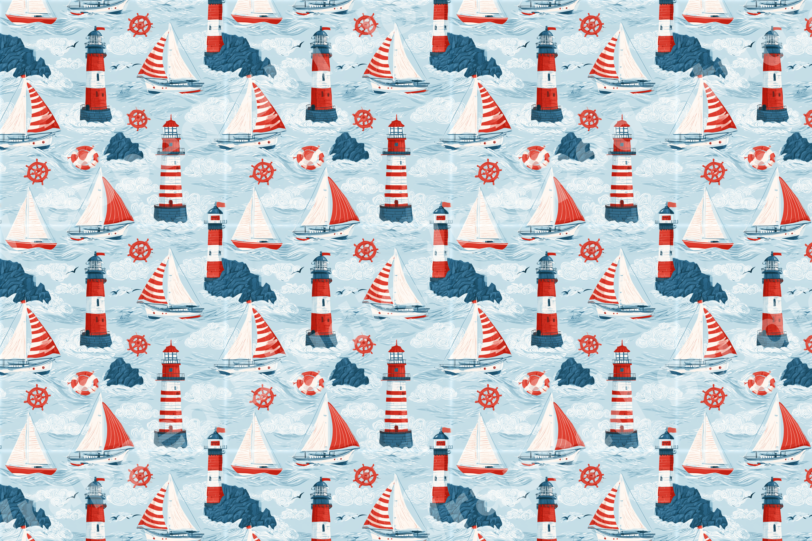 Nautical pattern with red and white lighthouses, sailboats, and ship wheels on a light blue wave background.