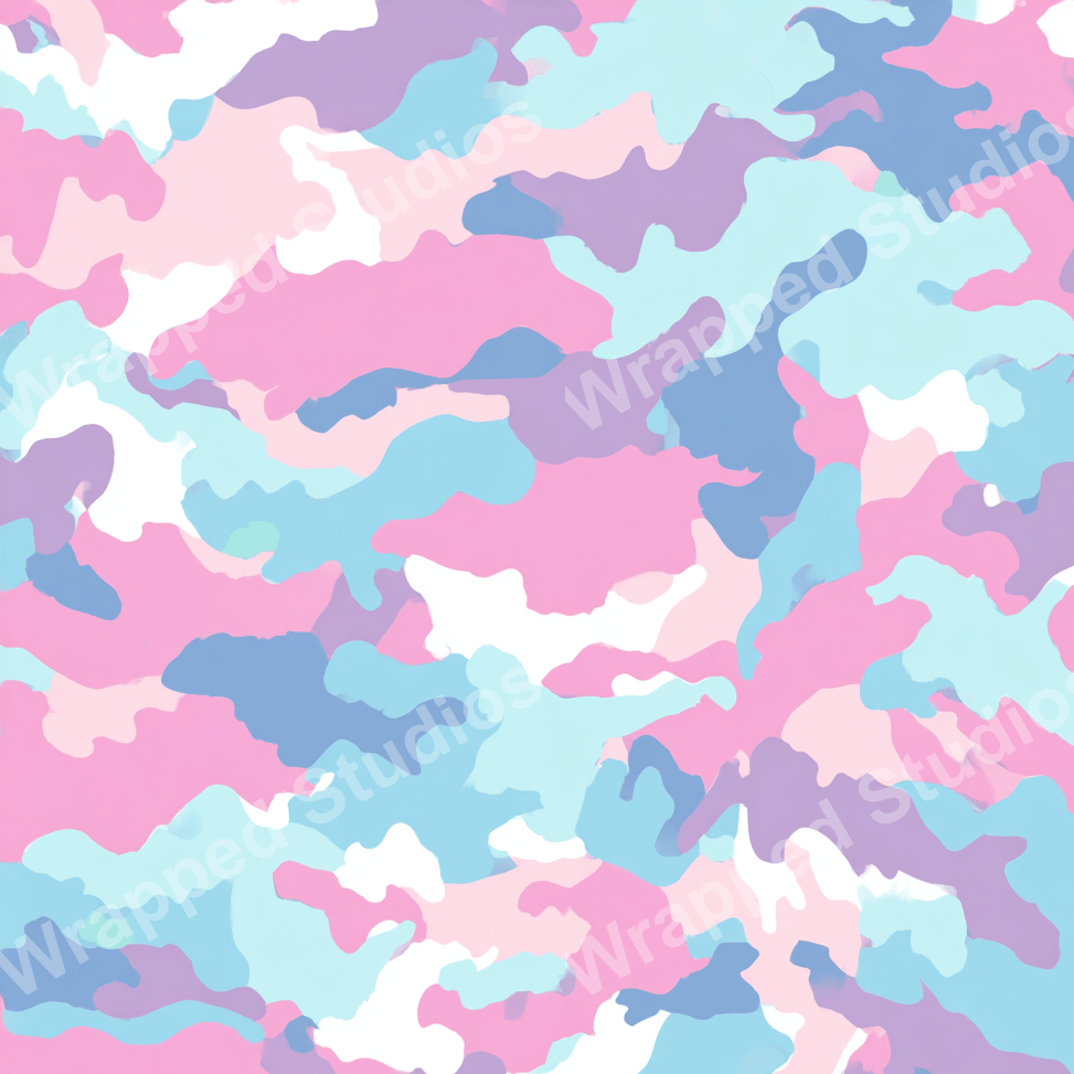 Pastel camouflage pattern design in pink, blue, purple, and white.