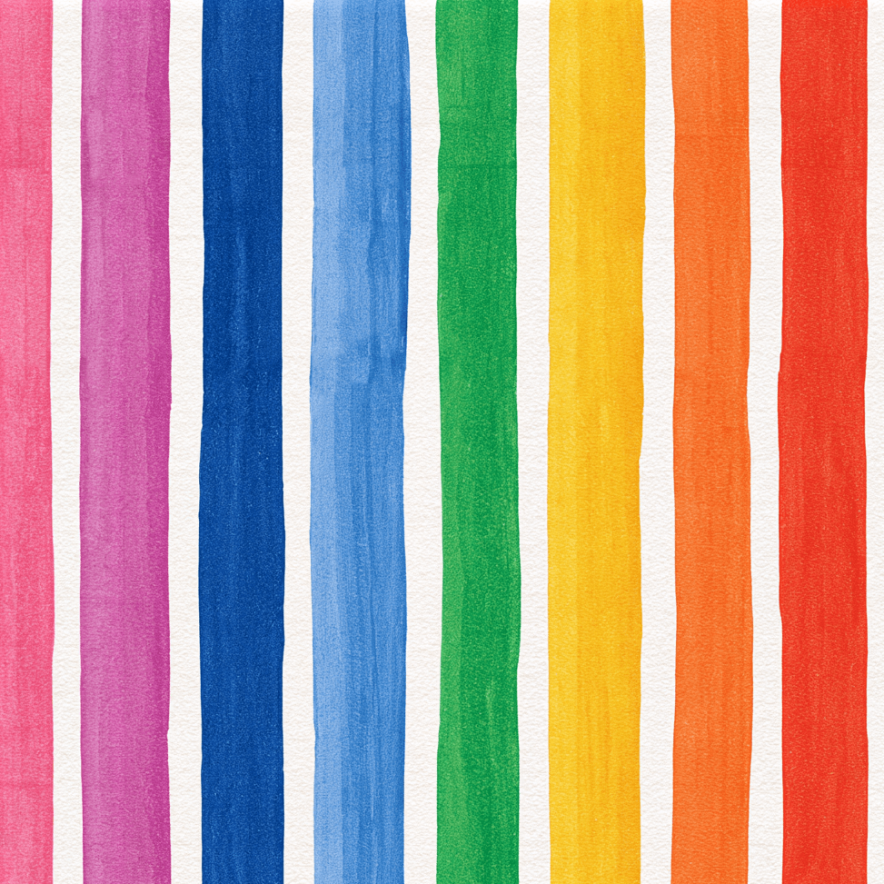 Vibrant hand-painted rainbow stripe pattern with watercolor vertical lines on a white background.
