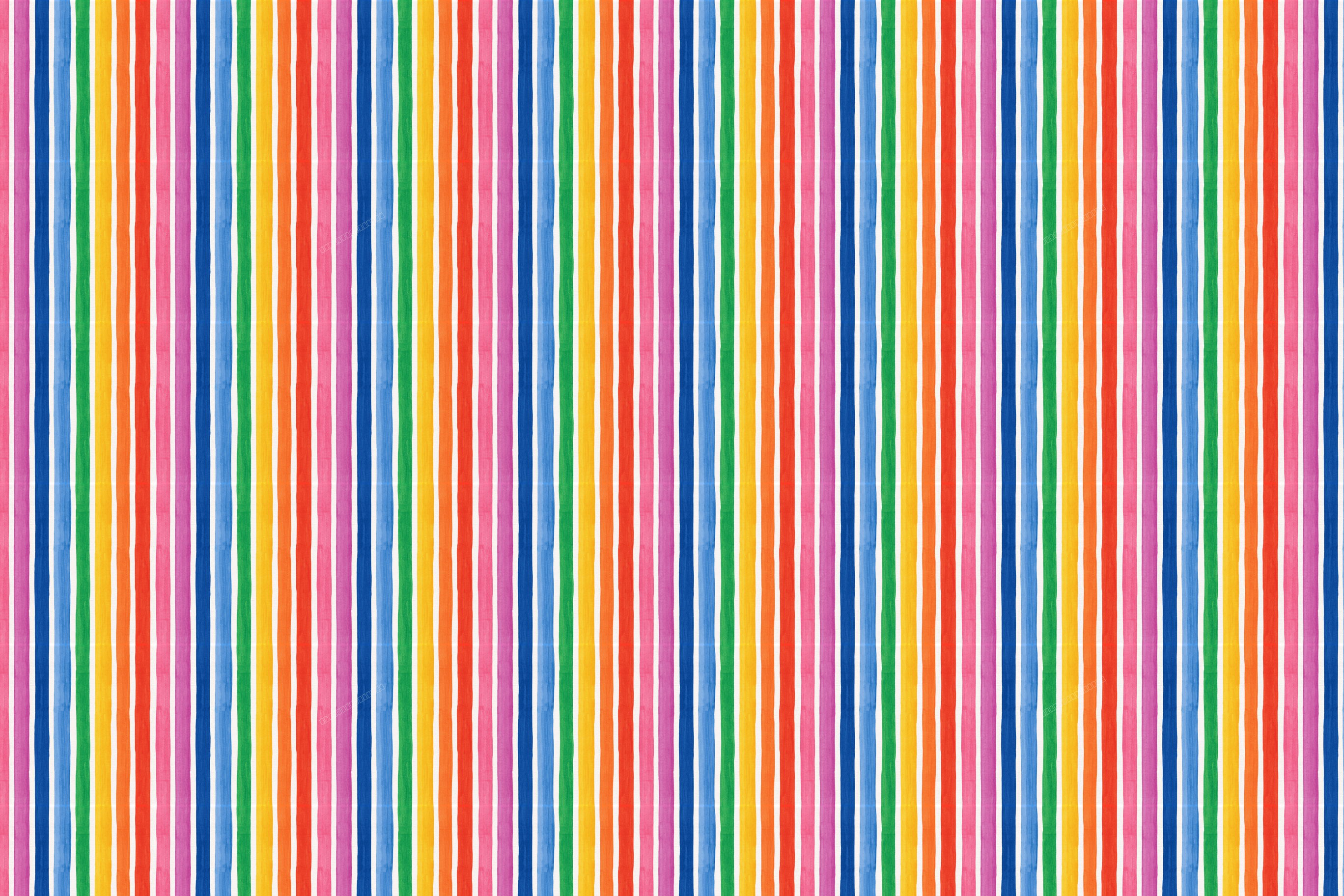 Playful watercolor stripe pattern featuring vibrant rainbow vertical lines on a white background.