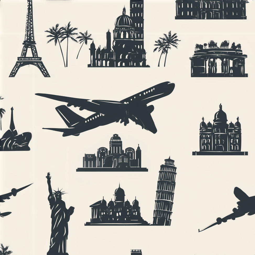 Vintage travel seamless pattern with black silhouettes of world landmarks and airplanes on a cream background.