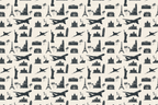 Vintage travel pattern featuring black sketches of world landmarks and airplanes on a cream background.