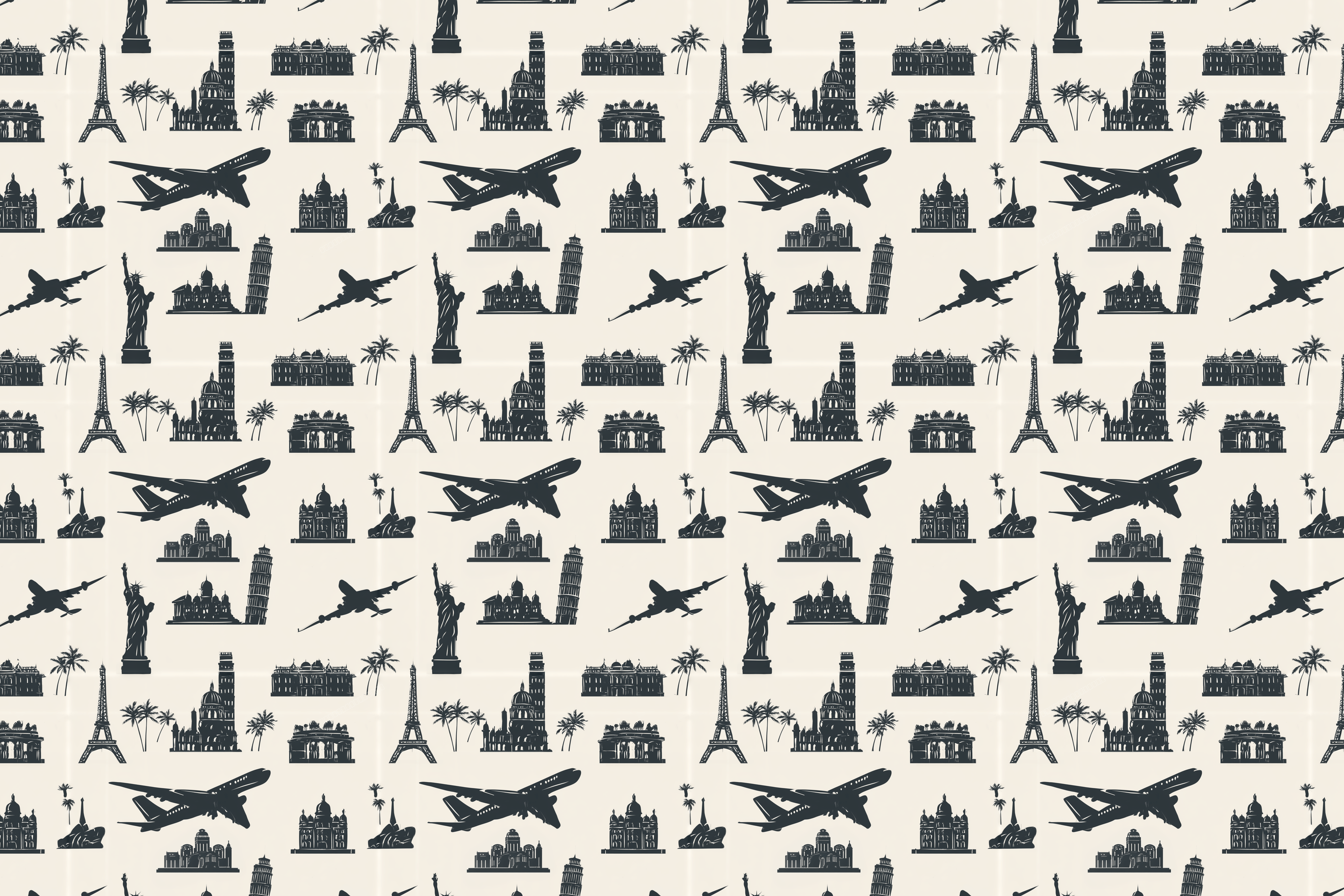 Vintage travel pattern featuring black sketches of world landmarks and airplanes on a cream background.