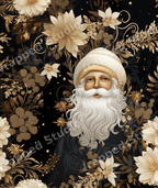 Vintage botanical Christmas pattern with Santa Claus and elegant gold florals on a black background.