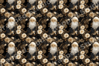 Elegant Christmas pattern featuring vintage Santa Claus and cream floral designs on a black background.