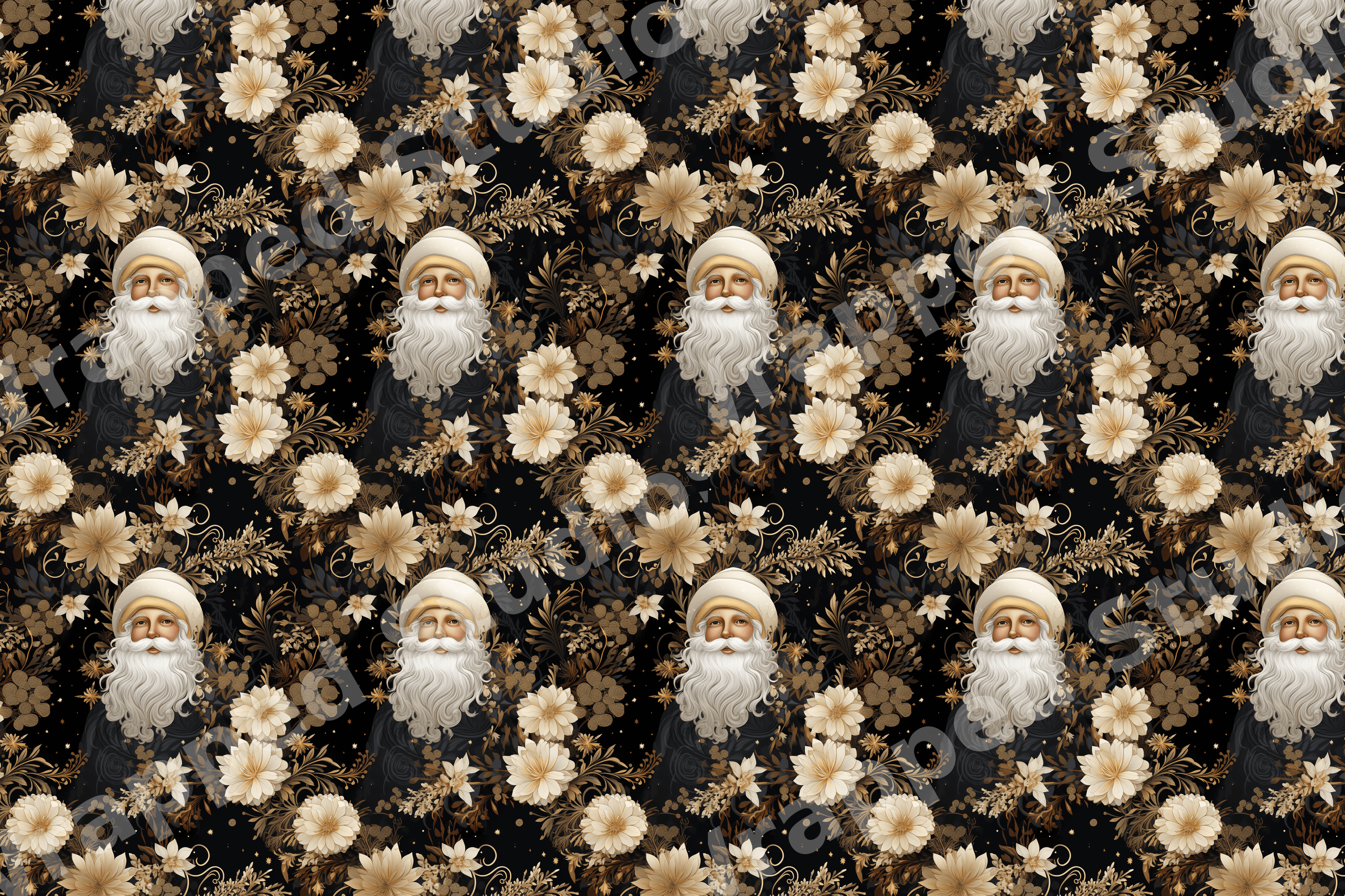 Elegant Christmas pattern featuring vintage Santa Claus and cream floral designs on a black background.