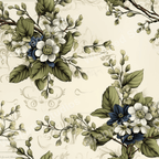 Elegant vintage botanical design with a floral pattern of white blossoms and blue accents.