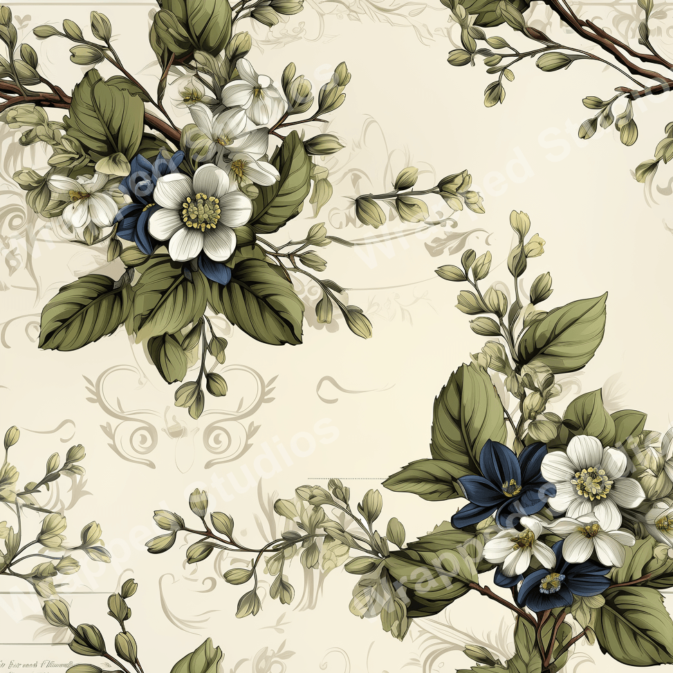 Elegant vintage botanical design with a floral pattern of white blossoms and blue accents.