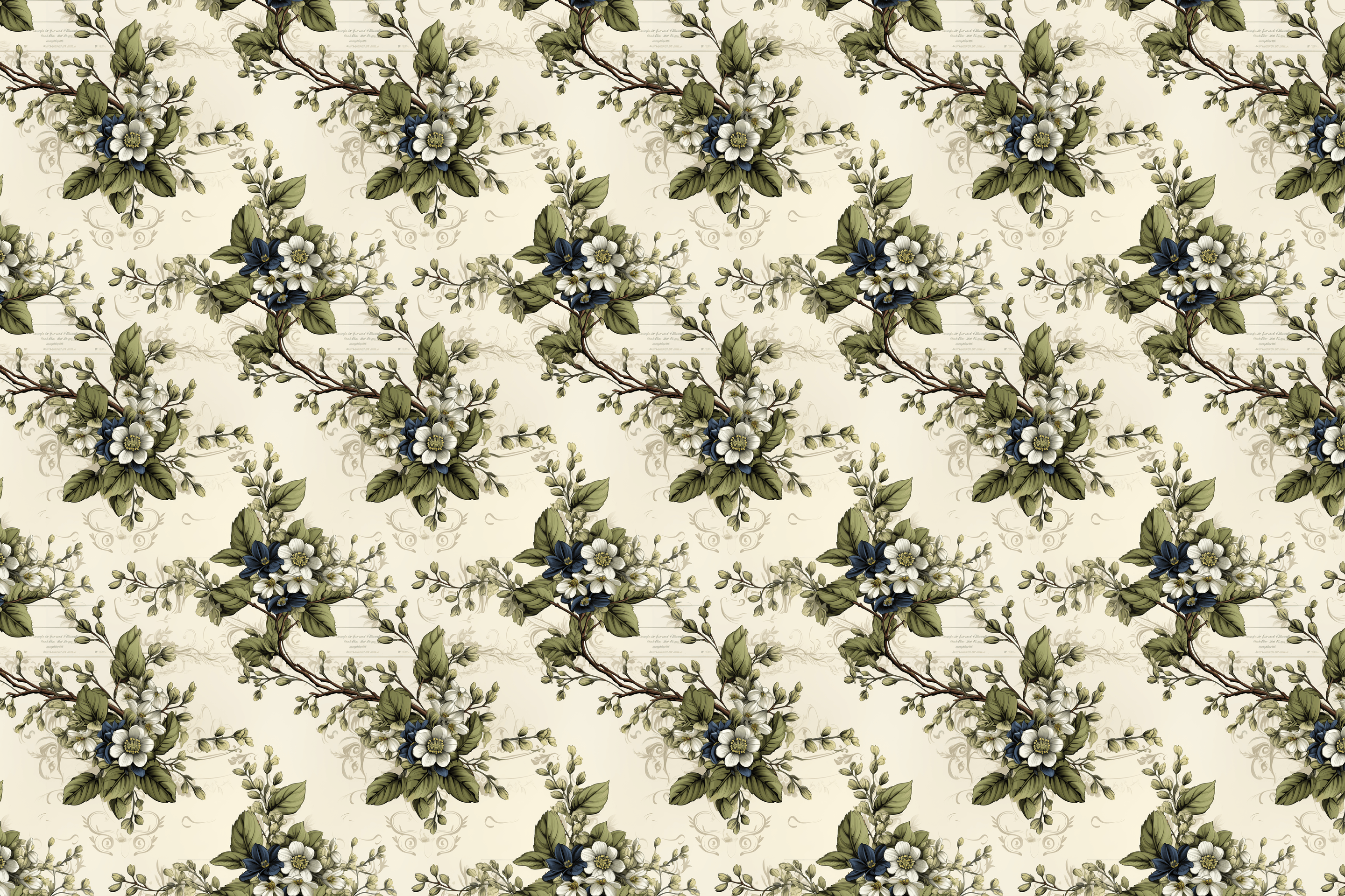 Floral pattern with green leaves and blue flowers on a beige background