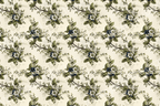 Elegant vintage botanical pattern with white and blue floral bouquets and verdant leaves.