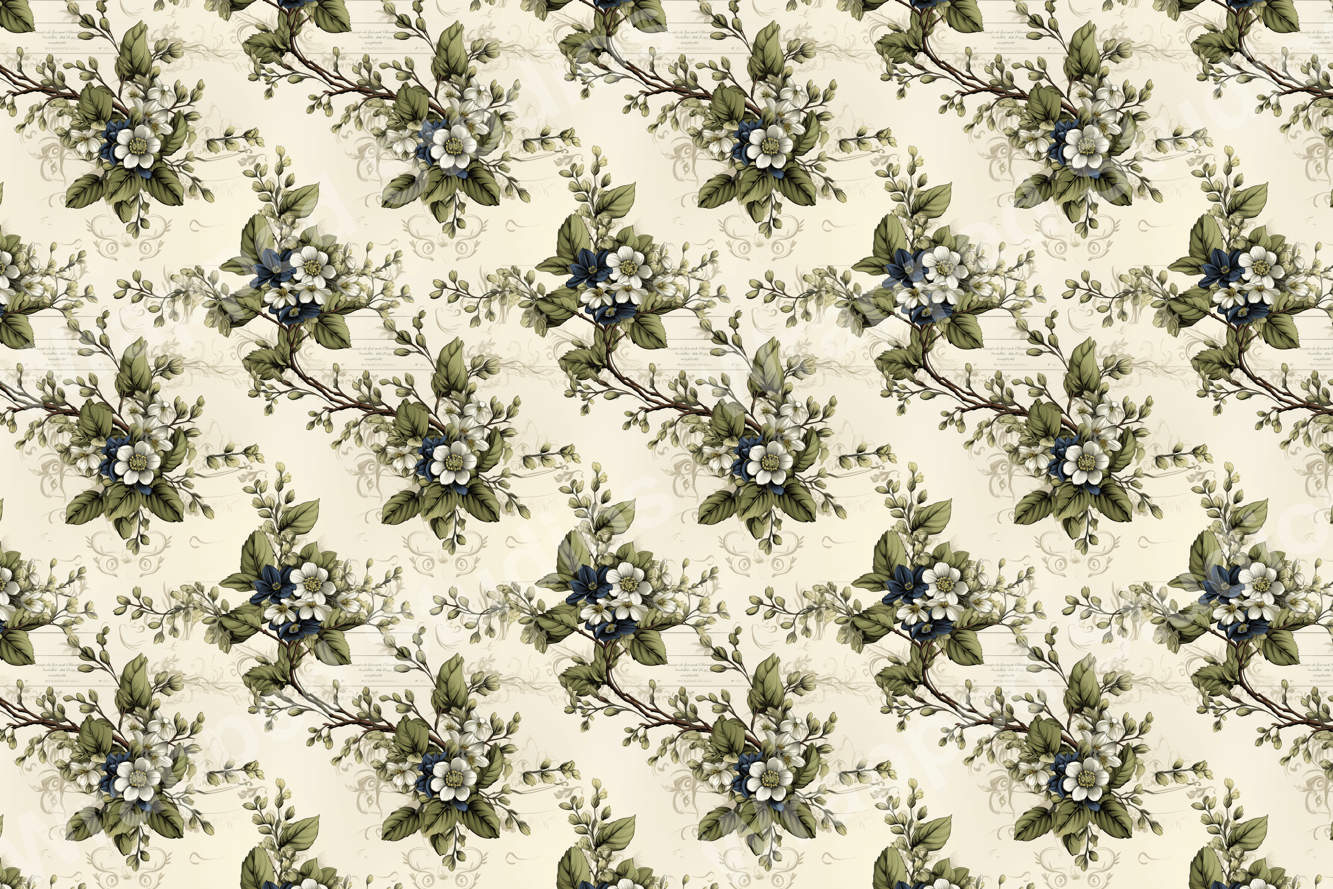 Elegant vintage botanical pattern with white and blue floral bouquets and verdant leaves.