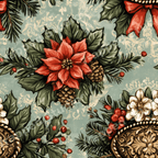 Vintage Christmas floral pattern featuring red poinsettias, pinecones, and holly leaves on a sage green background.