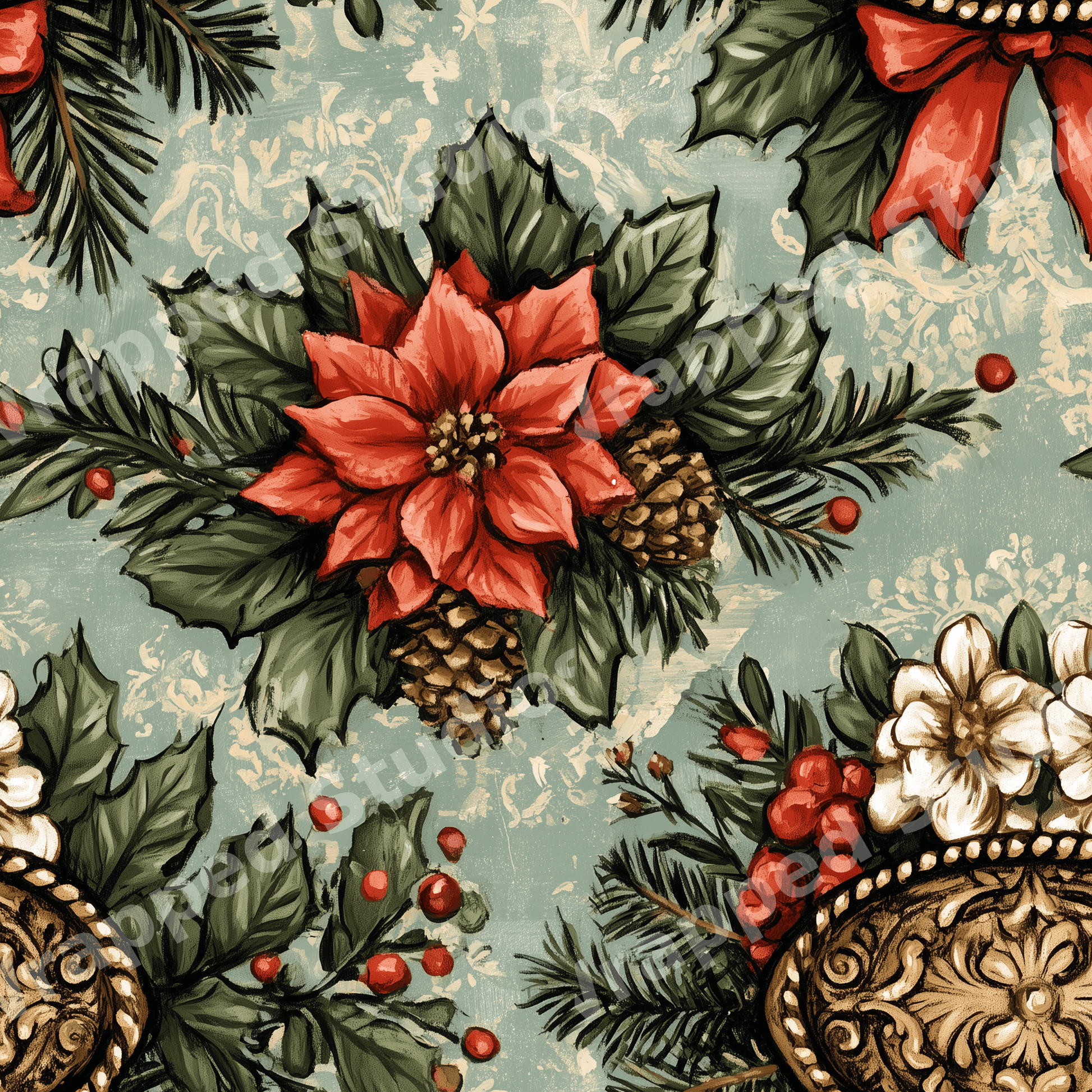 Vintage Christmas floral pattern featuring red poinsettias, pinecones, and holly leaves on a sage green background.