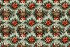 Vintage Christmas floral pattern with red poinsettias, gold ornaments, and pine boughs on sage green.