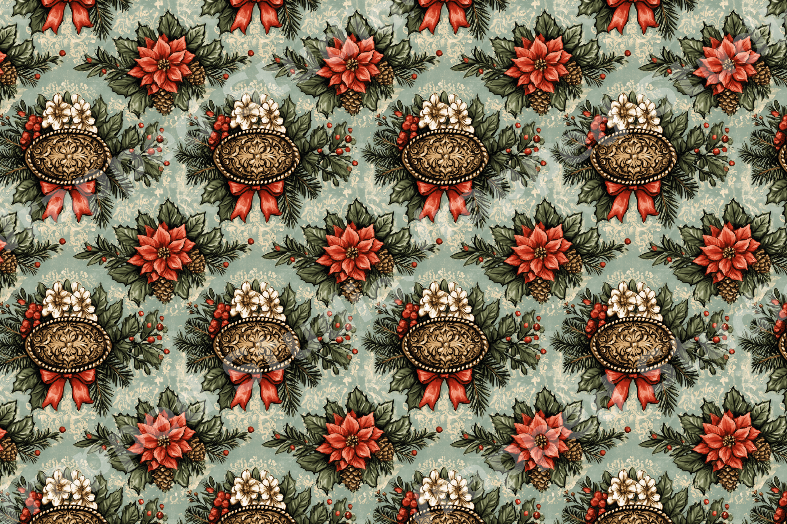 Vintage Christmas floral pattern with red poinsettias, gold ornaments, and pine boughs on sage green.