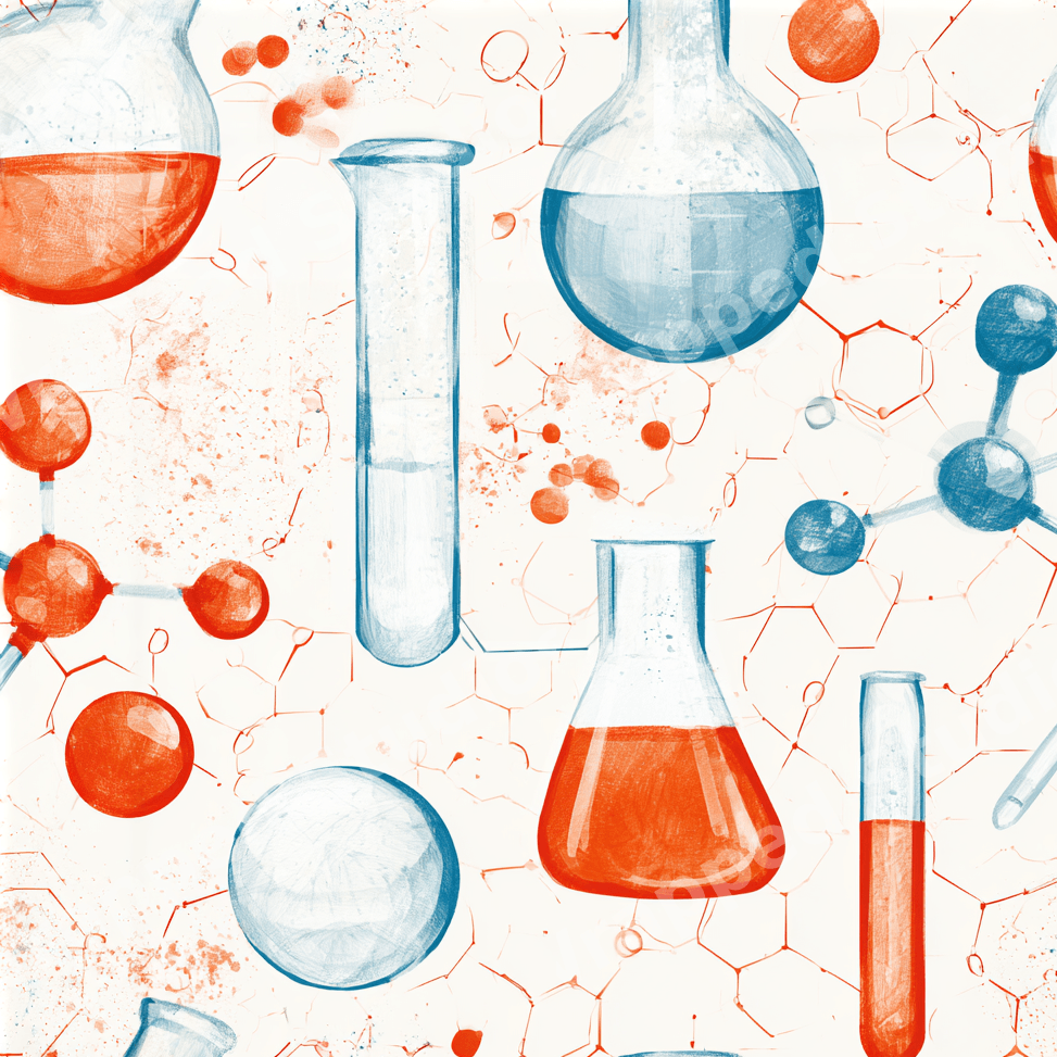 Seamless science pattern with hand-drawn chemistry flasks, test tubes, and molecules in blue and orange.