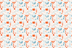 Watercolor science pattern with blue and orange chemistry beakers, flasks, and molecular structures.