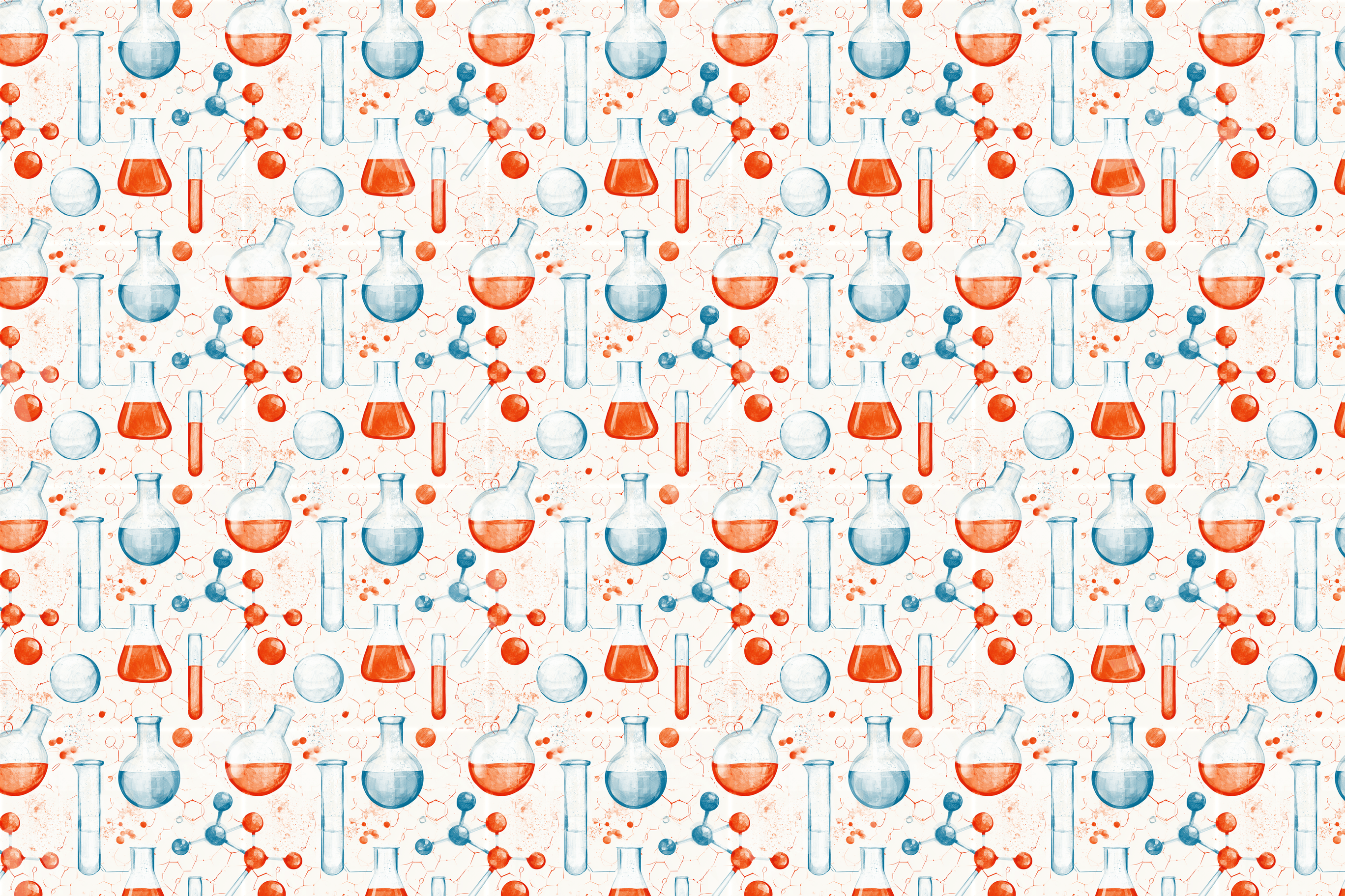 Watercolor science pattern with blue and orange chemistry beakers, flasks, and molecular structures.
