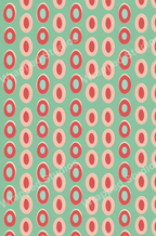 Mid-century modern geometric pattern with red and pink ovals and teal rings on a mint green background.