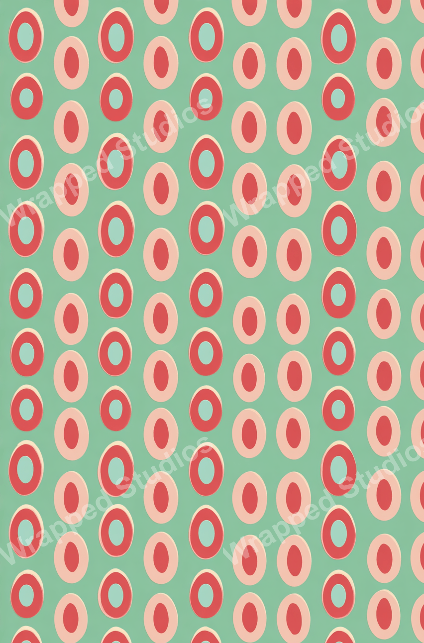 Mid-century modern geometric pattern with red and pink ovals and teal rings on a mint green background.