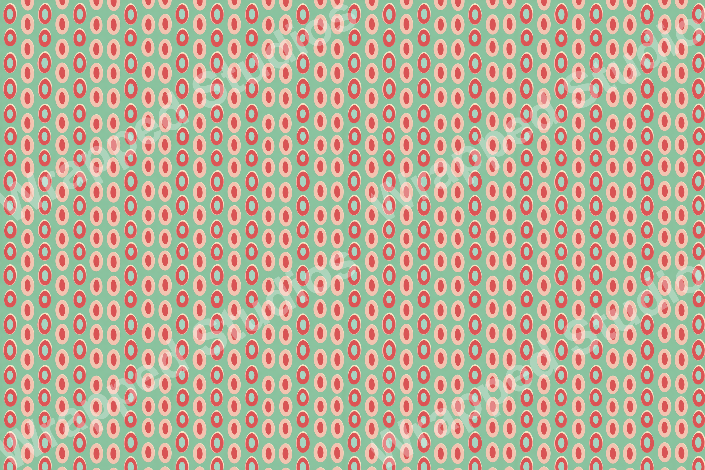 Mid-century modern geometric pattern with rows of coral, pink, and cream ovals on a teal background.
