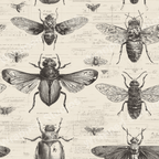 Vintage entomology pattern with detailed sketches of beetles and insects on an aged paper background.