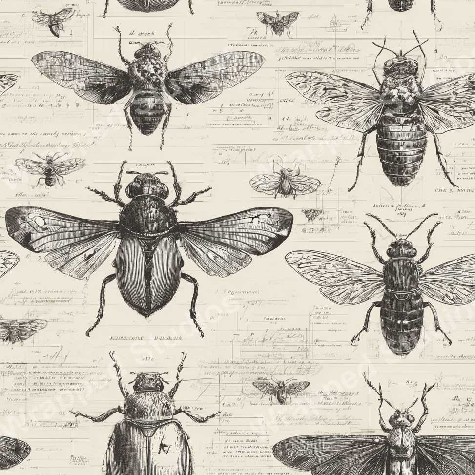 Vintage entomology pattern with detailed sketches of beetles and insects on an aged paper background.