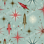 Retro mid-century modern space pattern featuring rockets and atomic starbursts on a teal background.