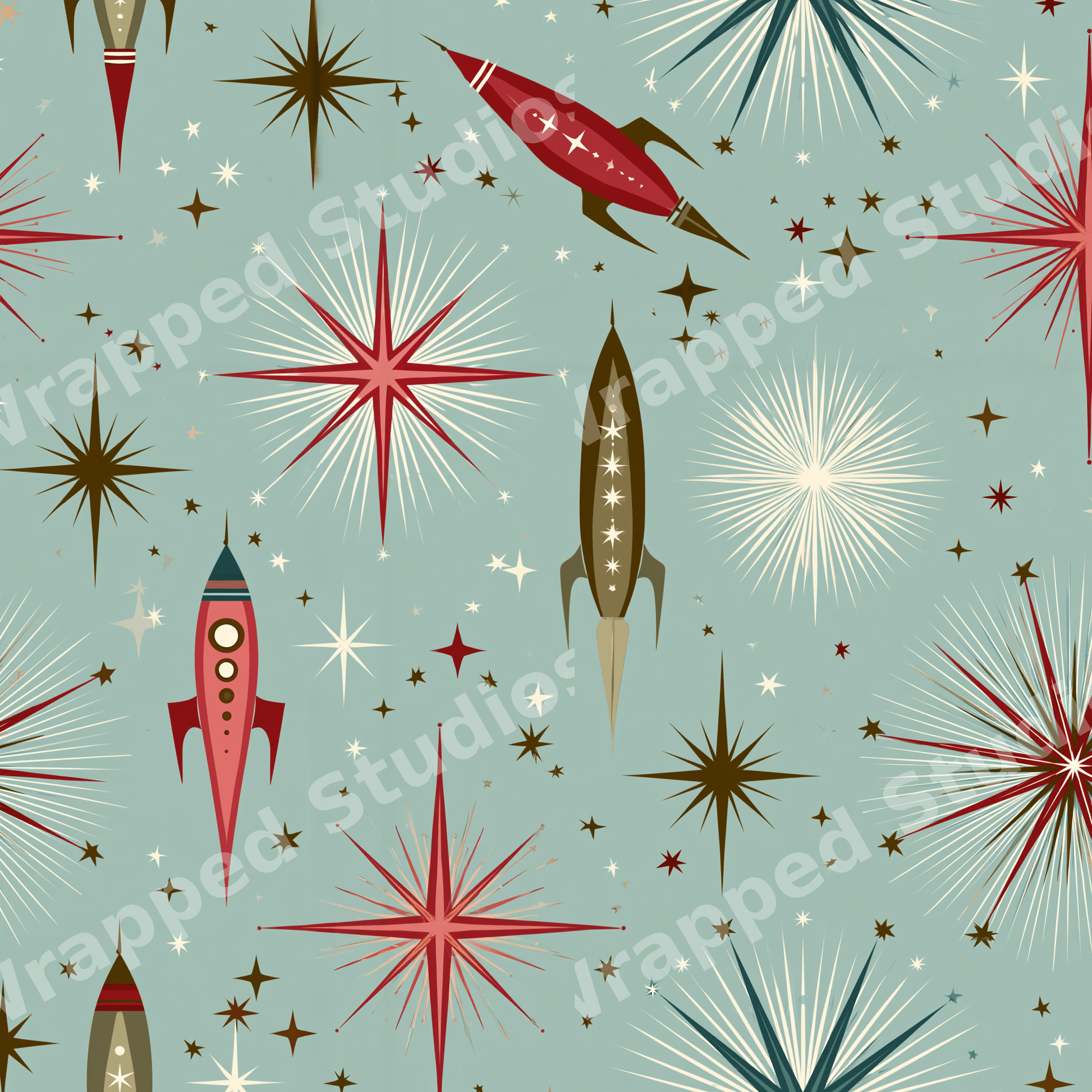 Retro mid-century modern space pattern featuring rockets and atomic starbursts on a teal background.