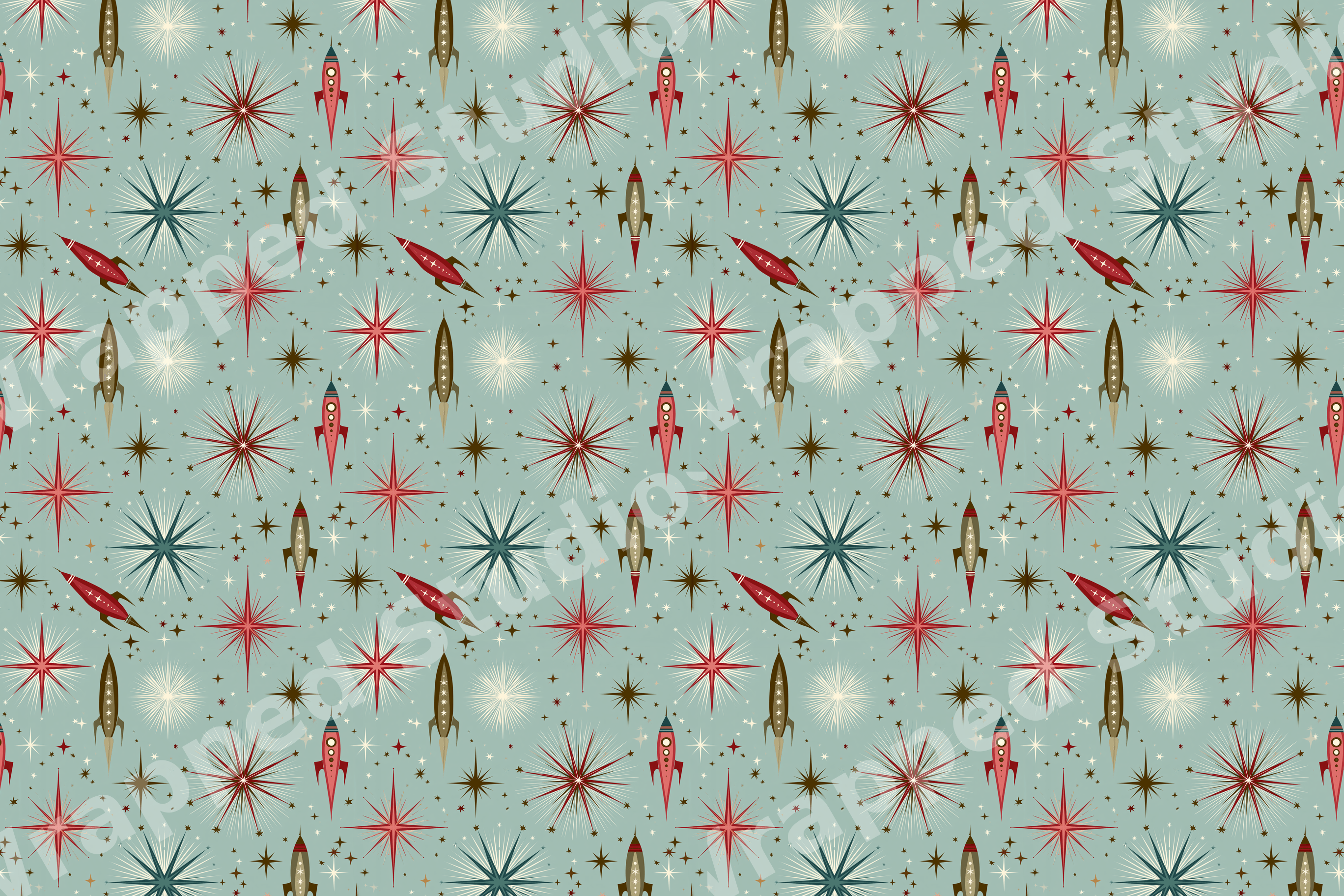 Retro mid-century atomic pattern with red rockets and starbursts on a sage green background.