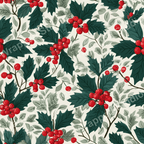 Classic Christmas pattern with deep green holly leaves and bright red berries on a cream background.