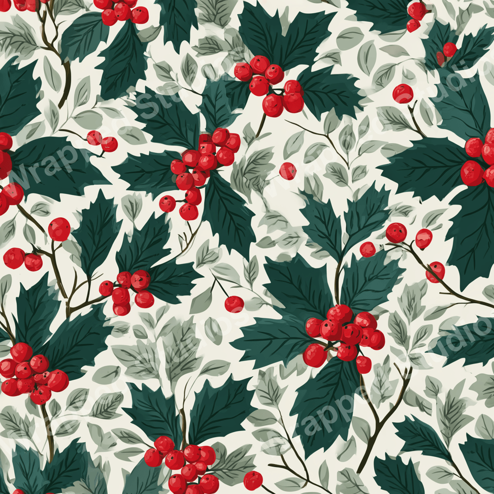 Classic Christmas pattern with deep green holly leaves and bright red berries on a cream background.