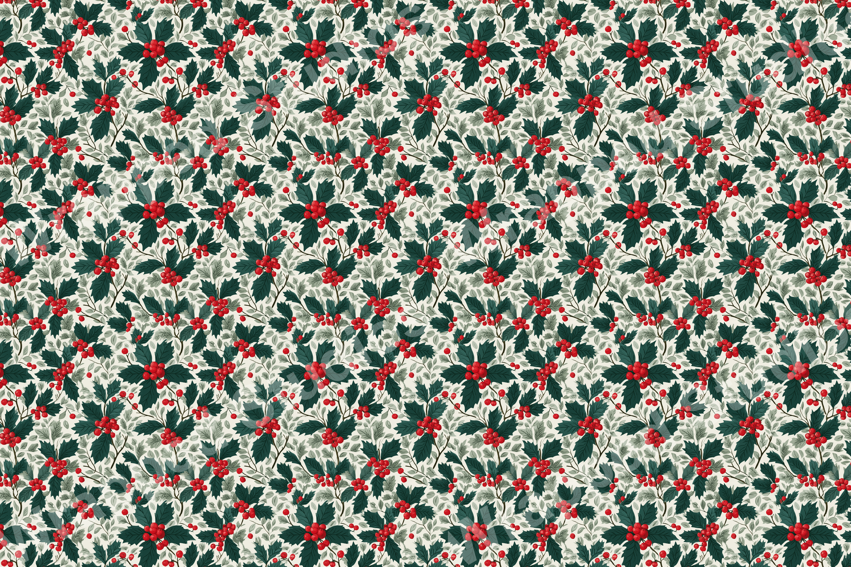 Festive holly berry botanical pattern with dark green leaves and bright red berries.