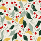 Botanical pattern with red berries and painterly leaves in yellow, green, and gray hues.