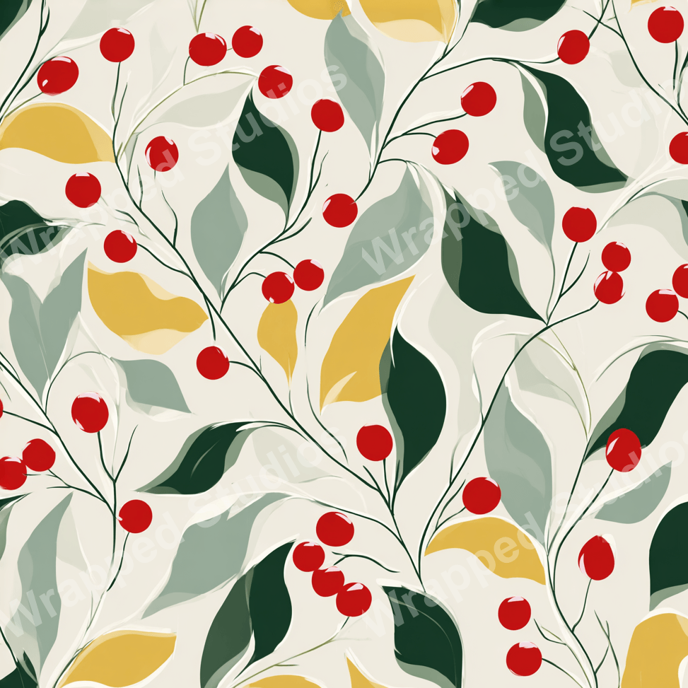 Botanical pattern with red berries and painterly leaves in yellow, green, and gray hues.