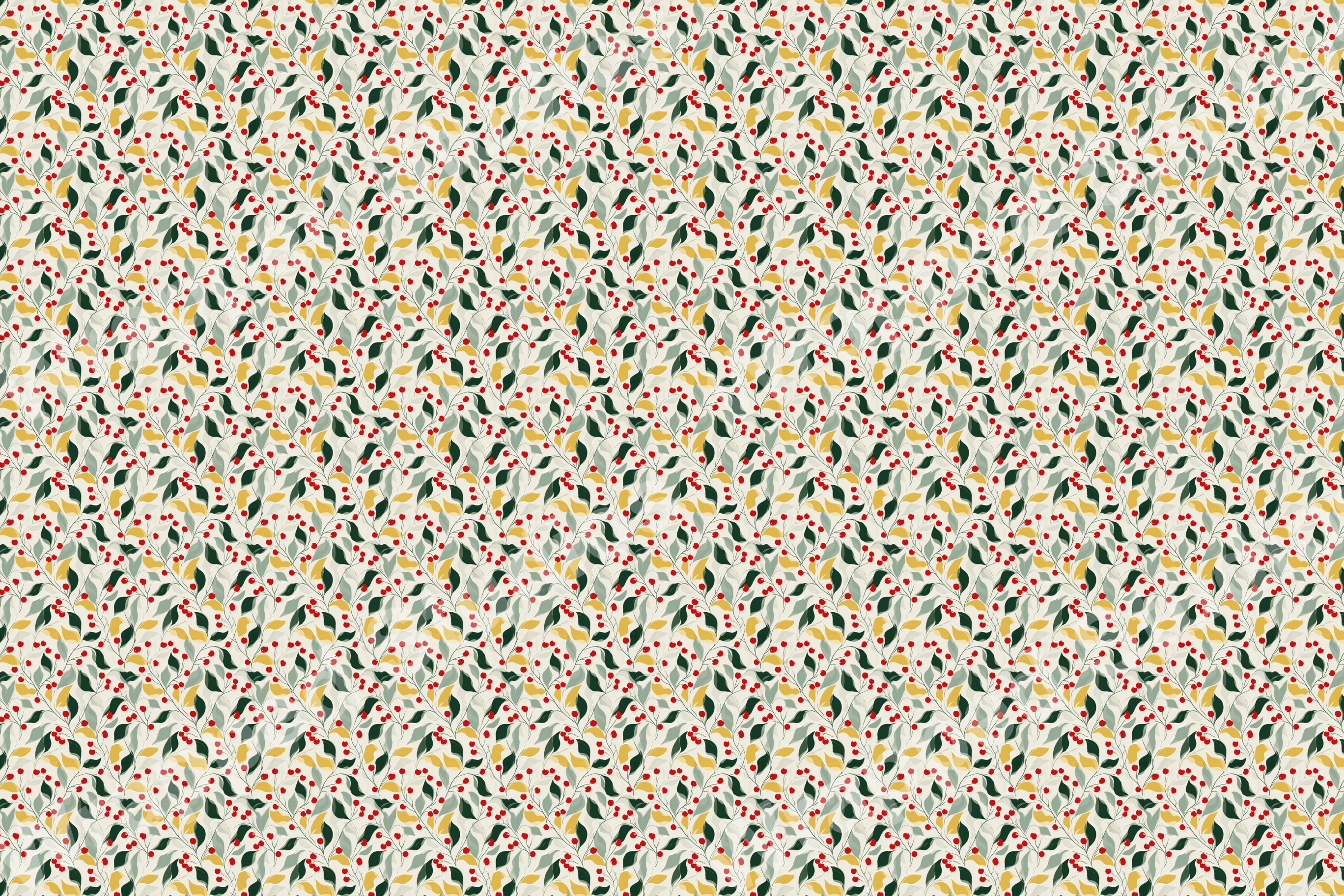 Elegant botanical pattern with red berries and green and gold leaves on a light background.