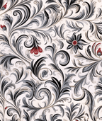Elegant floral pattern design with swirling acanthus leaves in grayscale and red accents.