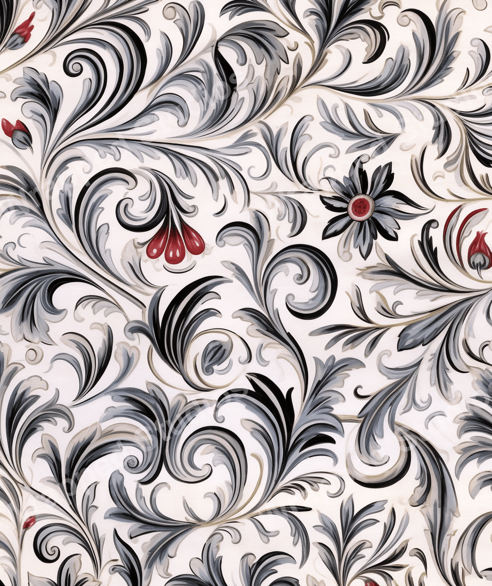 Elegant floral pattern design with swirling acanthus leaves in grayscale and red accents.