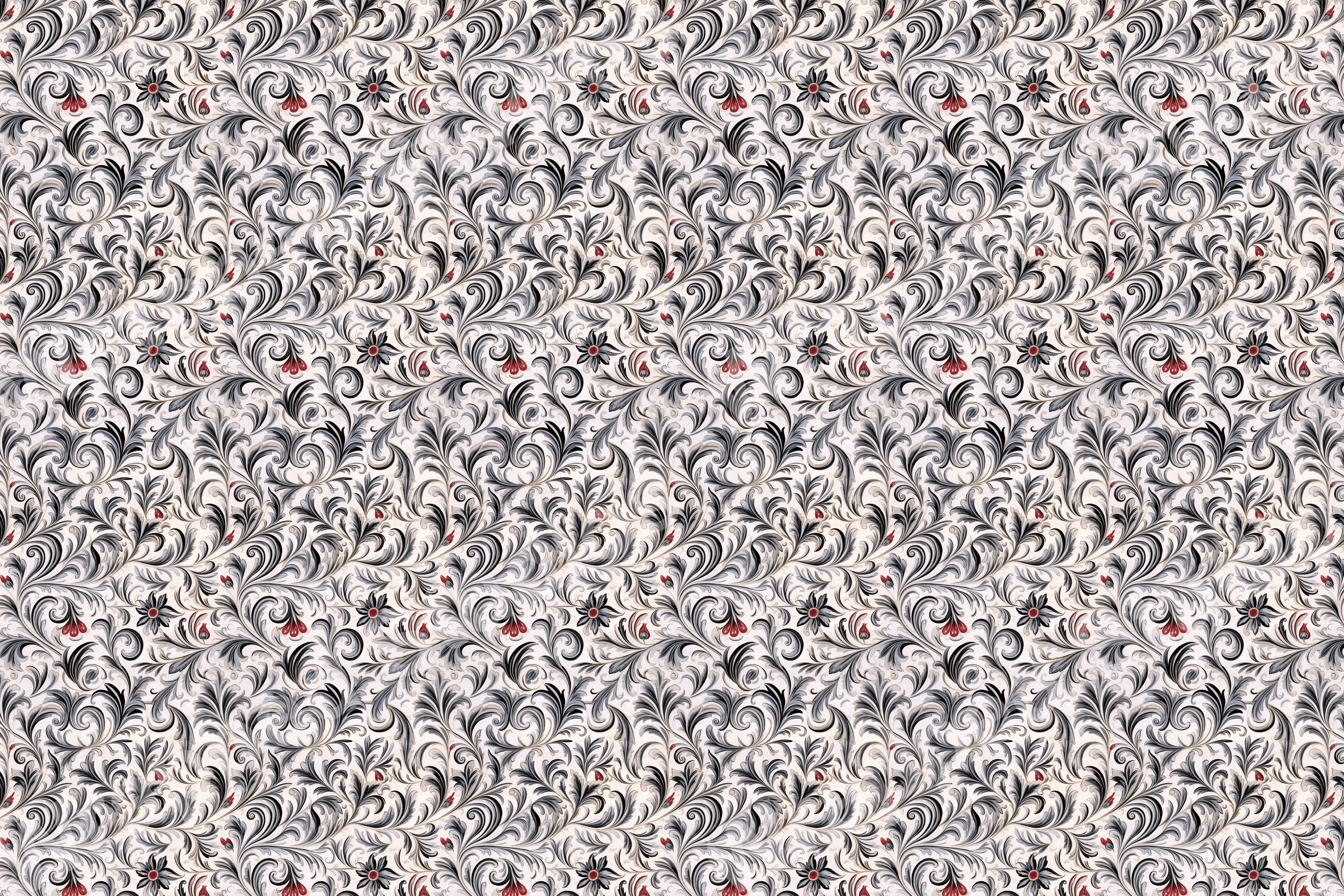 Elegant vintage floral pattern with swirling grey leaves and small red flowers.