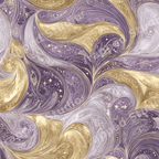 Elegant Art Nouveau seamless pattern featuring purple and gold swirling waves with celestial stars.