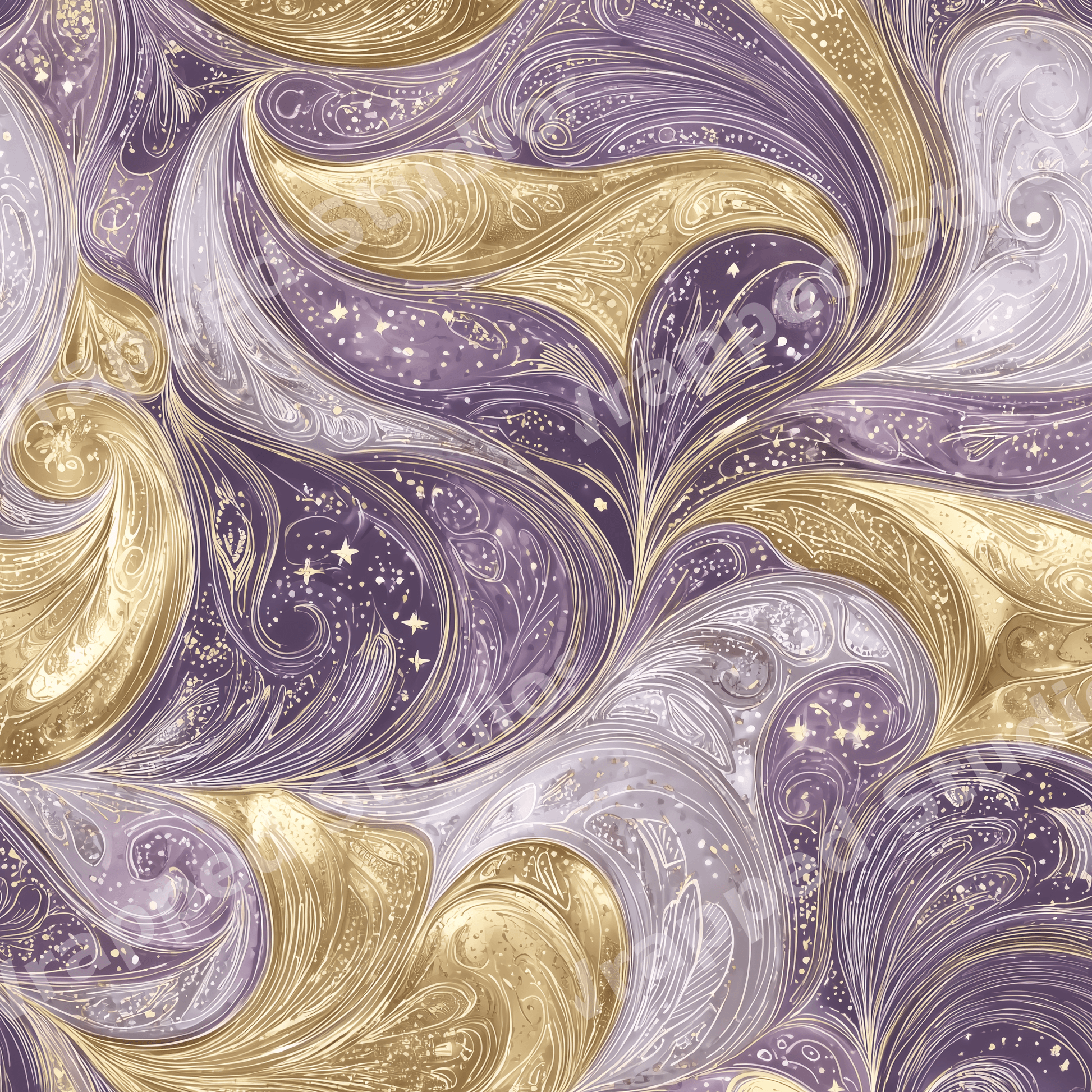 Elegant Art Nouveau seamless pattern featuring purple and gold swirling waves with celestial stars.