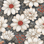 Vintage botanical design featuring cream daisies, red berries, and dark leaves in a seamless floral pattern.