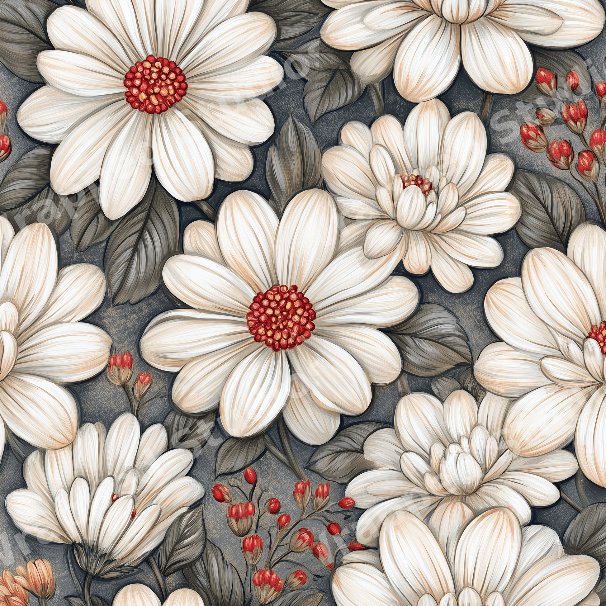 Vintage botanical design featuring cream daisies, red berries, and dark leaves in a seamless floral pattern.