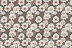 Vintage botanical floral pattern with white daisies, red berries, and dark grey illustrated leaves.