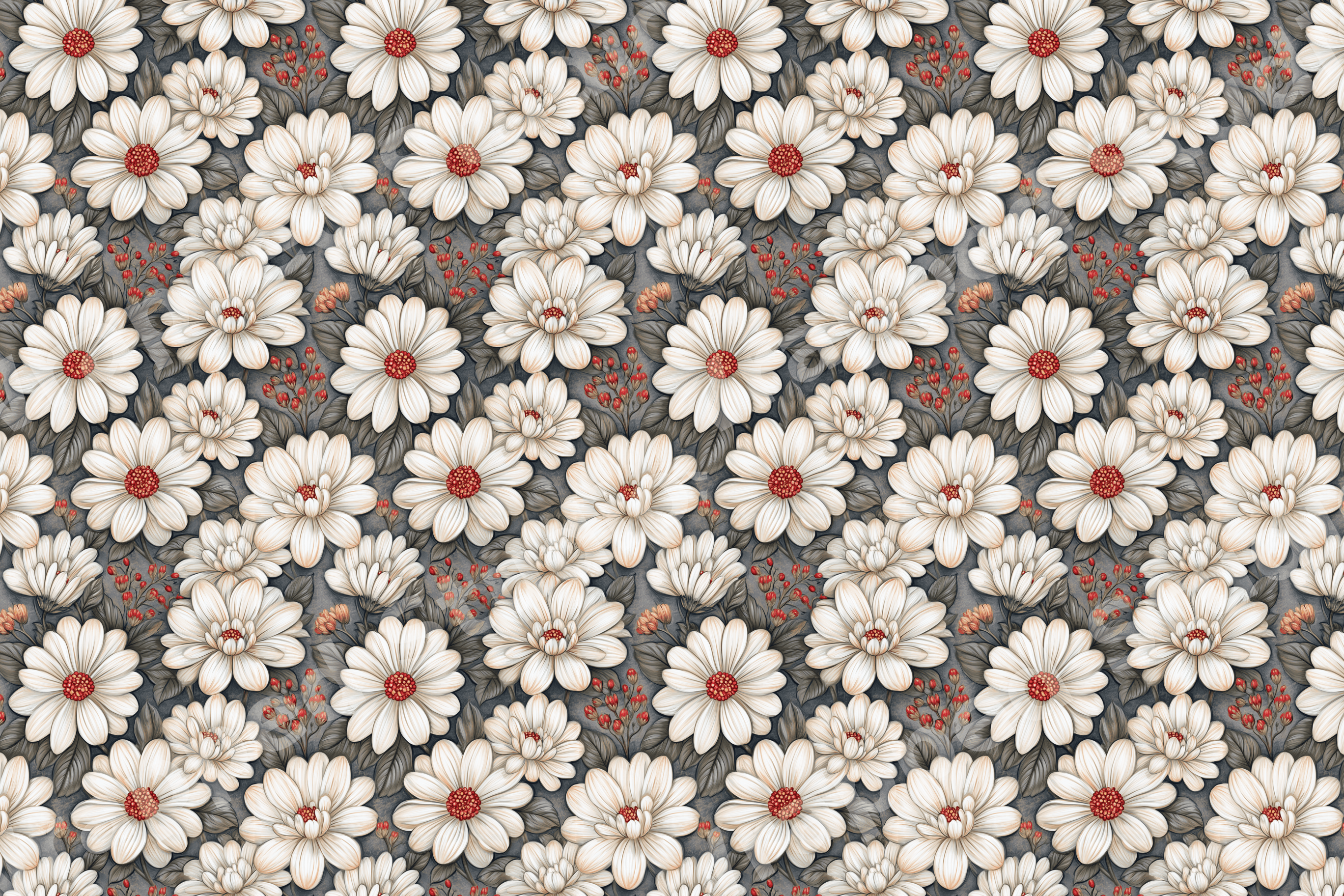 Vintage botanical floral pattern with white daisies, red berries, and dark grey illustrated leaves.