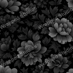 Elegant floral pattern of gray peonies and leaves on a black background.