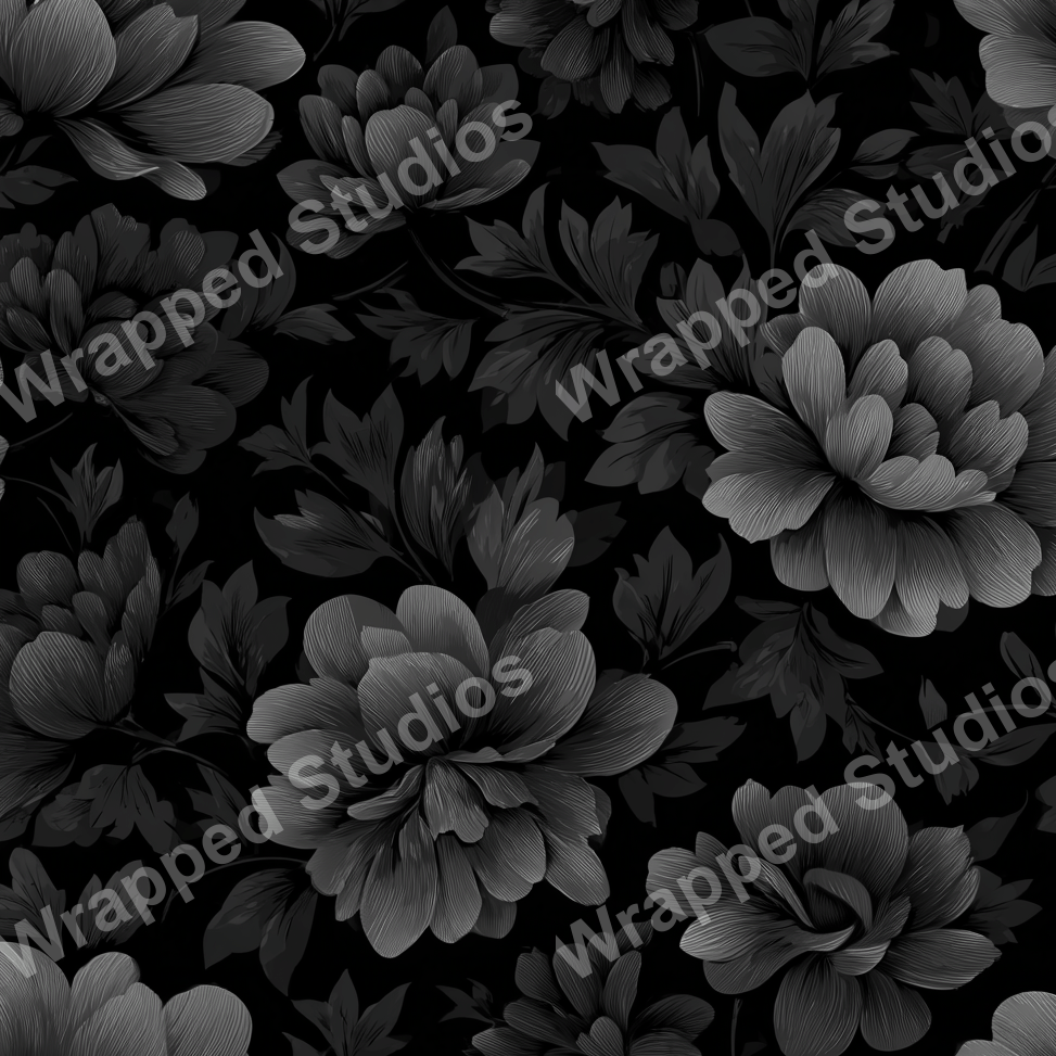 Elegant floral pattern of gray peonies and leaves on a black background.