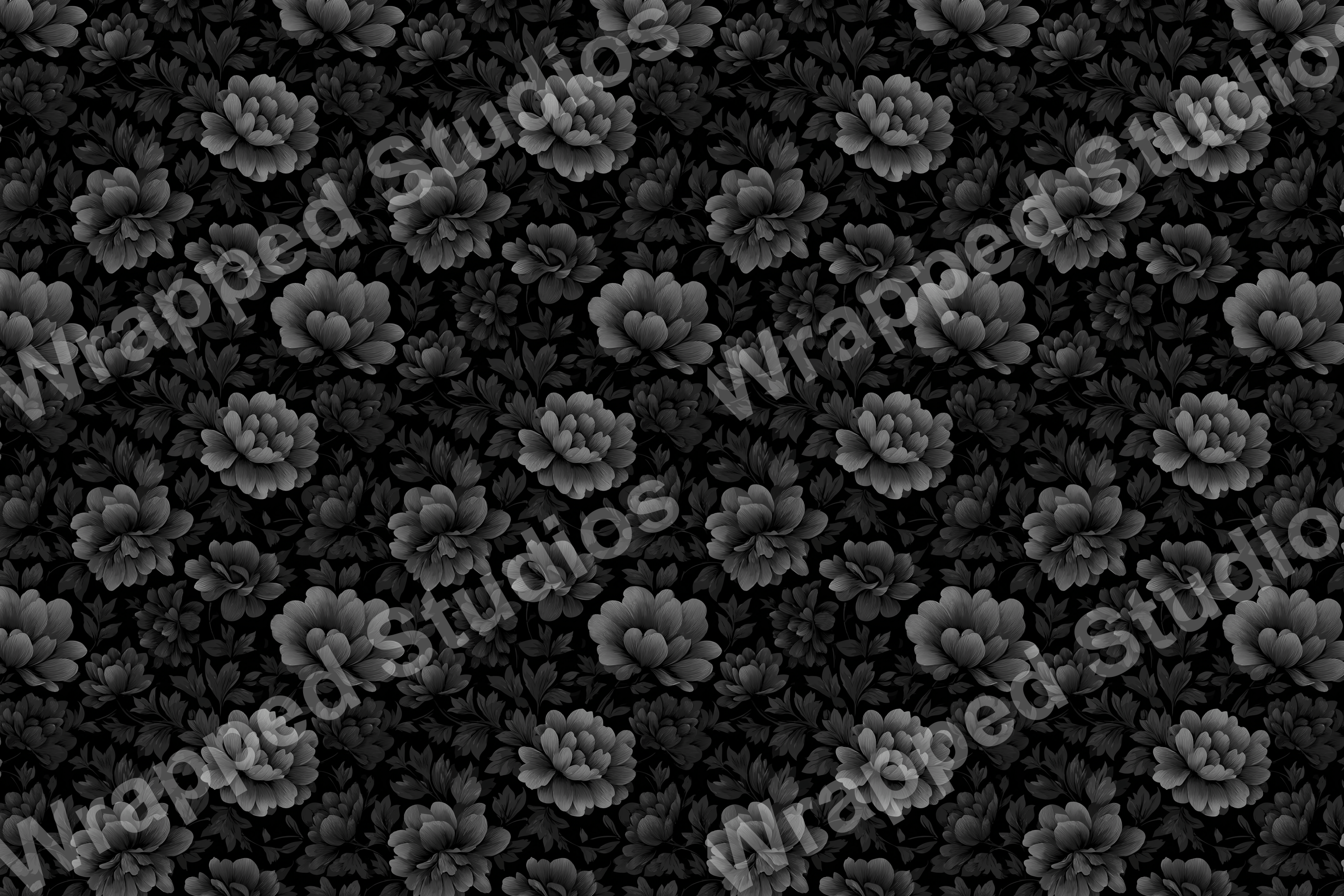 Monochrome floral pattern with elegant peonies and leaves in shades of dark gray.